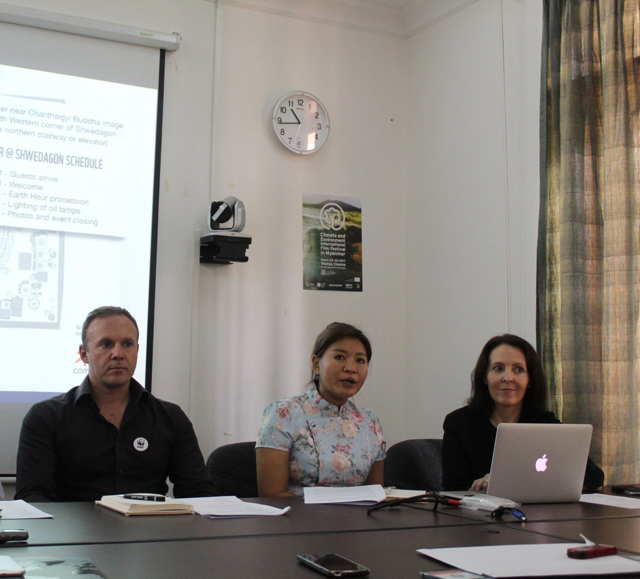 From left: WWF Myanmar's conservation programme director Nicholas J. Cox, senior operations manager May Moe Wah, and senior communications manager Alison Harley. (Photo- Khine Kyaw, Myanmar Eleven)
