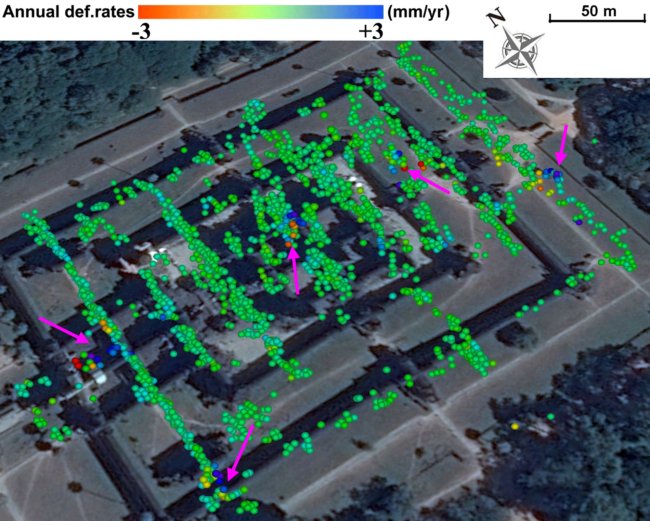 Annual deformation rates (millimeters per year) on the Angkor Wat Temple. The pink arrows mark vulnerable monuments. Credit: Chen Fulong. Read more from Asian Scientist Magazine at: https://www.asianscientist.com/2017/03/in-the-lab/angkor-wat-groundwater-tourism/