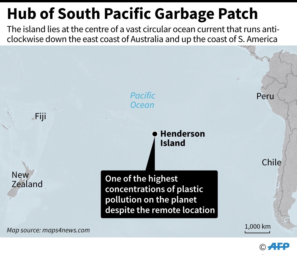 Map locating Henderson Island in the southern Pacific Ocean, which, despite its remote location, has one of the highest concentrations of plastic pollution on the planet.