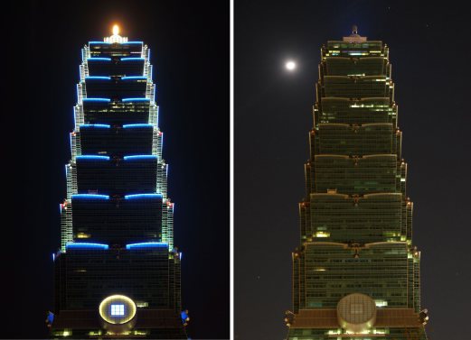 Taipei 101 building before and during Earth Hour on March 28, 2015. Lights will go out in some 7,000 cities and towns from New York to New Zealand for Earth Hour to raise awareness on the need for sustainable energy use, and this year also to demand action to halt planet-harming climate change. AFP PHOTO